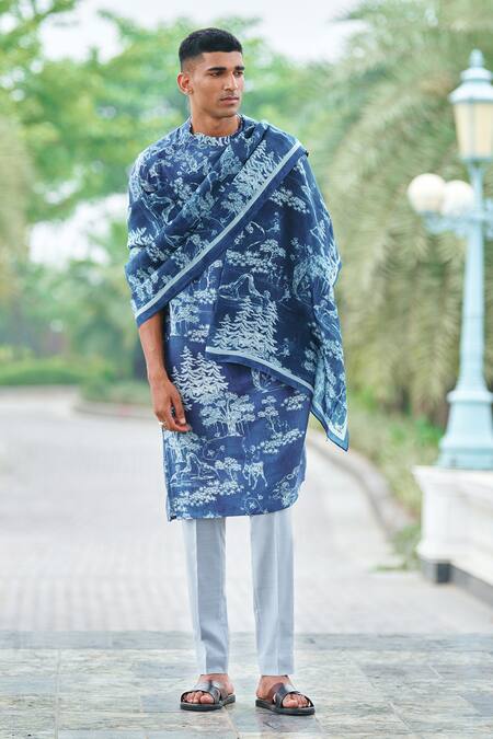 Philocaly_Blue Cotton Fable Forest Print Kurta_at_Aza_Fashions