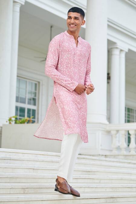 Philocaly_Pink Cotton Embroidery Clover Floral Print Kurta_at_Aza_Fashions