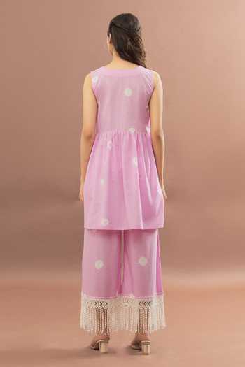 Kalakaari By Sagarika_Pink Cotton, Kota Doria Lace, Bandhani Pattern Peplum Kurta Palazzo Set _Online_at_Aza_Fashions