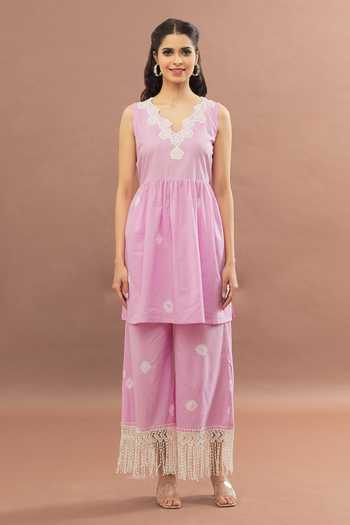Buy_Kalakaari By Sagarika_Pink Cotton, Kota Doria Lace, Bandhani Pattern Peplum Kurta Palazzo Set _Online_at_Aza_Fashions