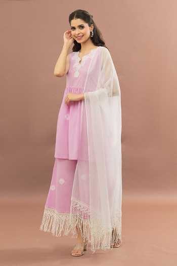 Shop_Kalakaari By Sagarika_Pink Cotton, Kota Doria Lace, Bandhani Pattern Peplum Kurta Palazzo Set _Online_at_Aza_Fashions