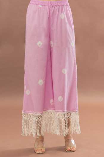 Kalakaari By Sagarika_Pink Cotton, Kota Doria Lace, Bandhani Pattern Peplum Kurta Palazzo Set _at_Aza_Fashions