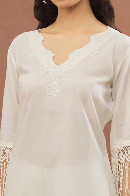 Shop_Kalakaari By Sagarika_White Cotton Lace Floral Cut Work Border Kurta With Pant_Online_at_Aza_Fashions