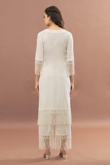 Kalakaari By Sagarika_White Cotton, Kota Doria Lace Keyhole Neck Cut Work Border Kurta Pant Set _Online_at_Aza_Fashions