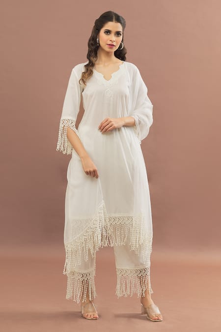 Shop_Kalakaari By Sagarika_White Cotton, Kota Doria Lace Keyhole Neck Cut Work Border Kurta Pant Set _Online_at_Aza_Fashions