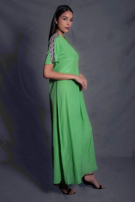 Seesa_Green Crepe Embroidery V-neck Placement Dress_Online_at_Aza_Fashions