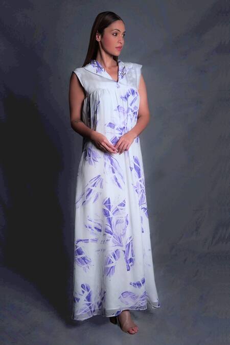 Seesa_Ivory Crepe, Silk Organza Beads, Sequins Collared Floral Print Dress_Online_at_Aza_Fashions