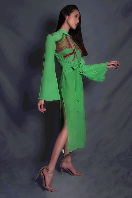 Seesa_Green Viscose, Crepe Beads, Sequins, Zari High Applique Embroidered Slit Dress_Online_at_Aza_Fashions