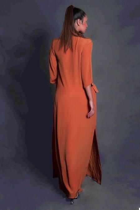 Shop Seesa Orange Viscose, Crepe Embroidery, Sequins V-neck Dress at Aza Fashions Shop_Seesa_Orange Viscose, Crepe Embroidery, Sequins V-neck Dress_at_Aza_Fashions