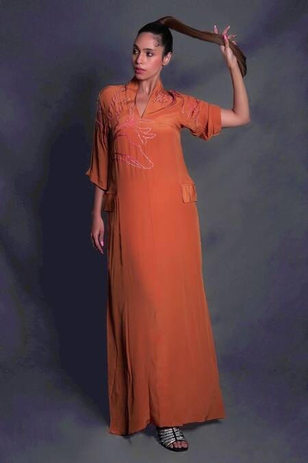 Seesa Orange Viscose, Crepe Embroidery, Sequins V-neck Dress Online at Aza Fashions Seesa_Orange Viscose, Crepe Embroidery, Sequins V-neck Dress_Online_at_Aza_Fashions
