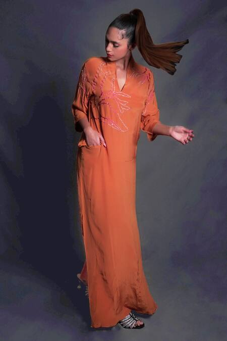 Buy Seesa Orange Viscose, Crepe Embroidery, Sequins V-neck Dress Online at Aza Fashions Buy_Seesa_Orange Viscose, Crepe Embroidery, Sequins V-neck Dress_Online_at_Aza_Fashions