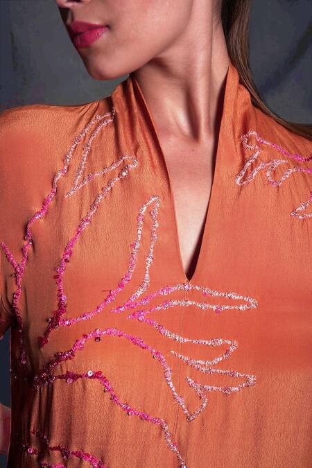 Shop Seesa Orange Viscose, Crepe Embroidery, Sequins V-neck Dress Online at Aza Fashions Shop_Seesa_Orange Viscose, Crepe Embroidery, Sequins V-neck Dress_Online_at_Aza_Fashions
