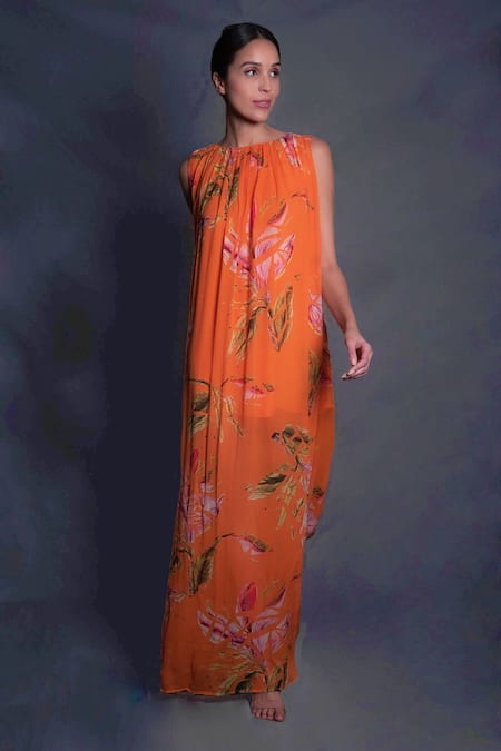 Buy_Seesa_Orange Silk, Chiffon Boat Neck Broken Flower Print Gathered Dress _Online_at_Aza_Fashions