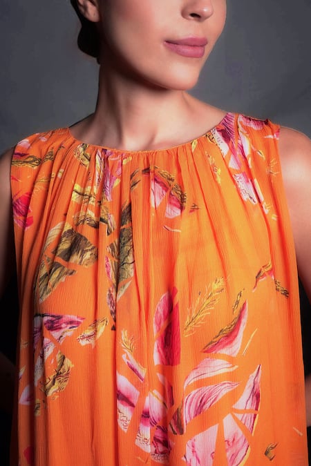 Shop_Seesa_Orange Silk, Chiffon Boat Neck Broken Flower Print Gathered Dress _Online_at_Aza_Fashions