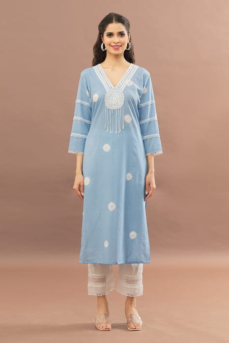 Shop Kalakaari By Sagarika Blue Cotton Lace, Embroidery V-neck Straight Bandhani Pattern Kurta With Pant Online at Aza Fashions Shop_Kalakaari By Sagarika_Blue Cotton Lace, Embroidery V-neck Straight Bandhani Pattern Kurta With Pant _Online_at_Aza_Fashions