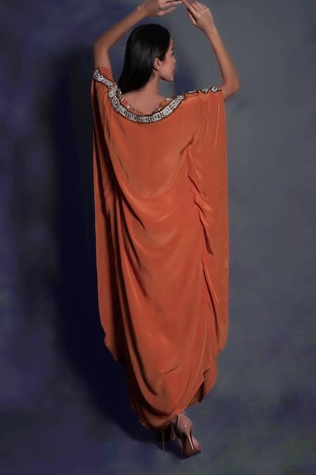 Shop_Seesa_Orange Viscose, Crepe Diamonds Boat Neck Placement Embroidered Kaftan _at_Aza_Fashions