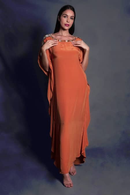 Seesa_Orange Viscose, Crepe Diamonds Boat Neck Placement Embroidered Kaftan _Online_at_Aza_Fashions