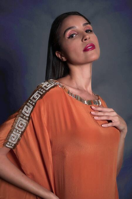 Buy_Seesa_Orange Viscose, Crepe Diamonds Boat Neck Placement Embroidered Kaftan _Online_at_Aza_Fashions