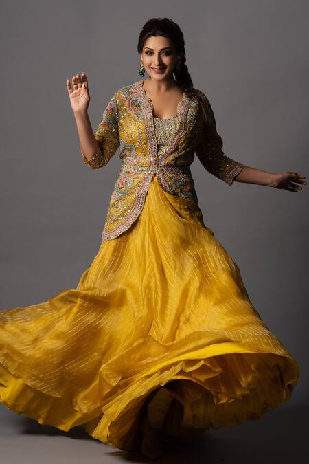 Shop Osaa By Adarsh Yellow Organza Sequin, Thread And Cutdana Round Embroidered Jacket Lehenga Set Online at Aza Fashions Shop_Osaa By Adarsh_Yellow Organza Sequin, Thread And Cutdana Round Embroidered Jacket Lehenga Set_Online_at_Aza_Fashions