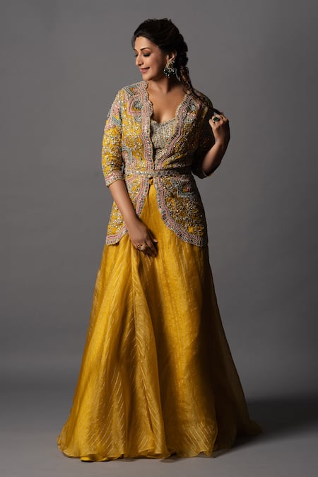 Osaa By Adarsh Yellow Organza Sequin, Thread And Cutdana Round Embroidered Jacket Lehenga Set at Aza Fashions Osaa By Adarsh_Yellow Organza Sequin, Thread And Cutdana Round Embroidered Jacket Lehenga Set_at_Aza_Fashions