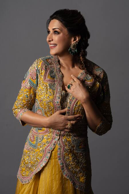 Shop Osaa By Adarsh Yellow Organza Sequin, Thread And Cutdana Round Embroidered Jacket Lehenga Set Shop_Osaa By Adarsh_Yellow Organza Sequin, Thread And Cutdana Round Embroidered Jacket Lehenga Set