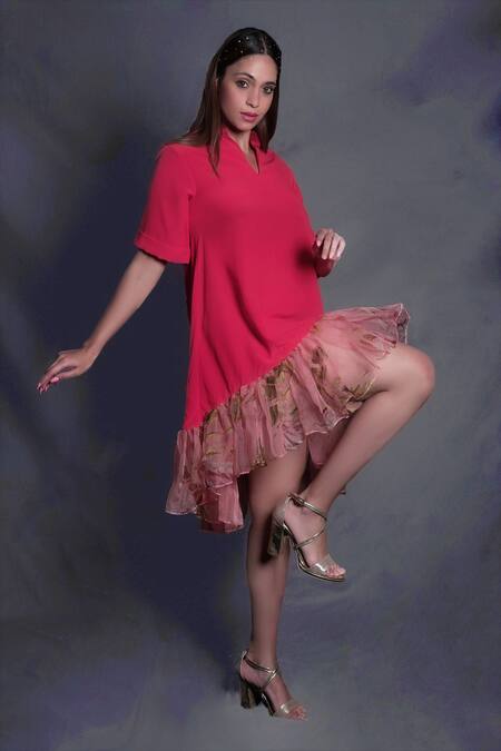 Seesa_Red Crepe V-neck Printed Ruffle Dress_Online_at_Aza_Fashions