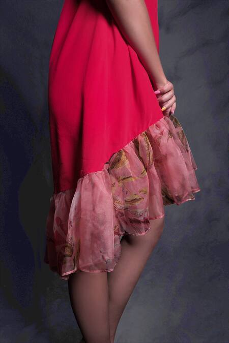 Buy_Seesa_Red Crepe V-neck Printed Ruffle Dress_Online_at_Aza_Fashions