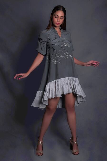 Seesa_Grey Crepe Embroidery V-neck Ruffle Hem Dress_Online_at_Aza_Fashions