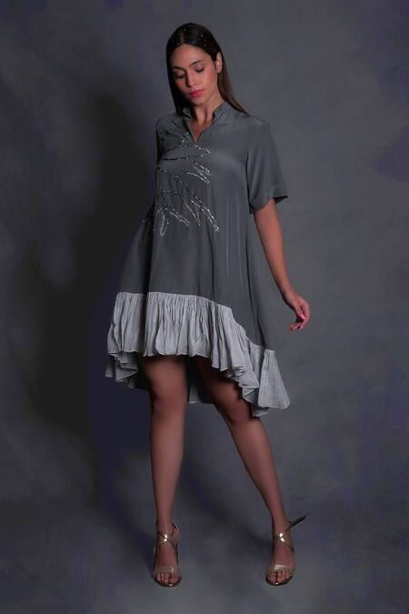 Buy_Seesa_Grey Crepe Embroidery V-neck Ruffle Hem Dress_Online_at_Aza_Fashions