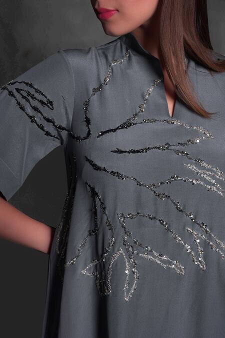Shop_Seesa_Grey Crepe Embroidery V-neck Ruffle Hem Dress_Online_at_Aza_Fashions