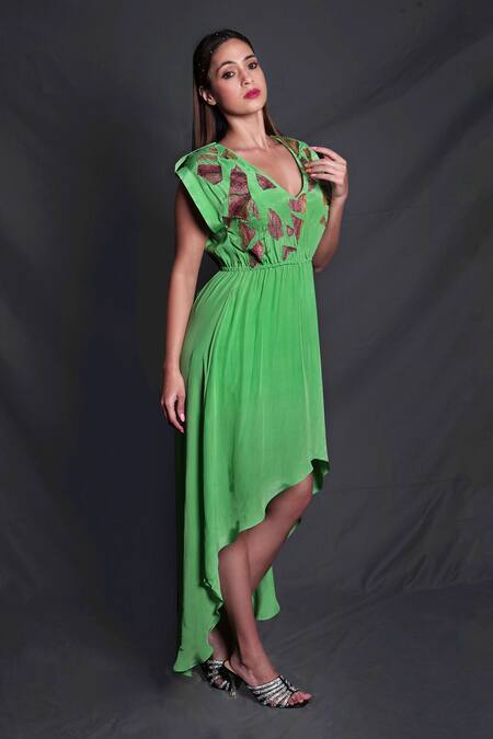 Buy Seesa Green Viscose, Crepe Embroidery V-neck Asymmetric Dress at Aza Fashions Buy_Seesa_Green Viscose, Crepe Embroidery V-neck Asymmetric Dress_at_Aza_Fashions