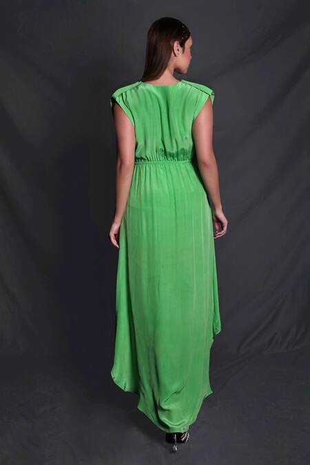 Shop Seesa Green Viscose, Crepe Embroidery V-neck Asymmetric Dress at Aza Fashions Shop_Seesa_Green Viscose, Crepe Embroidery V-neck Asymmetric Dress_at_Aza_Fashions