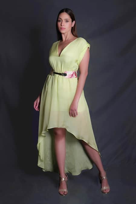 Seesa Green Flat Silk Chiffon V Neck Asymmetric Dress 