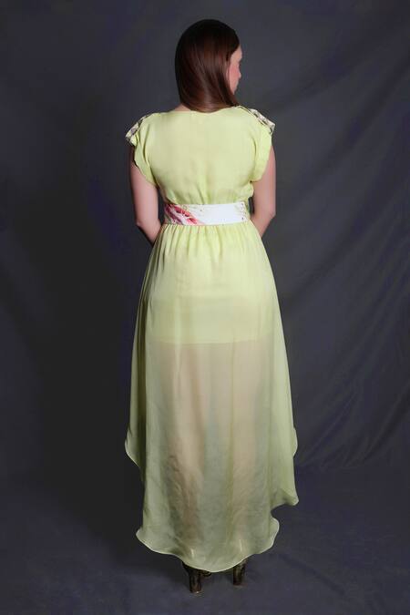 Shop Seesa Green Silk, Chiffon Embroidery V-neck Asymmetric Dress at Aza Fashions Shop_Seesa_Green Silk, Chiffon Embroidery V-neck Asymmetric Dress_at_Aza_Fashions