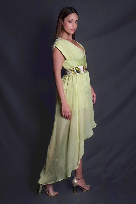 Seesa Green Silk, Chiffon Embroidery V-neck Asymmetric Dress Online at Aza Fashions Seesa_Green Silk, Chiffon Embroidery V-neck Asymmetric Dress_Online_at_Aza_Fashions