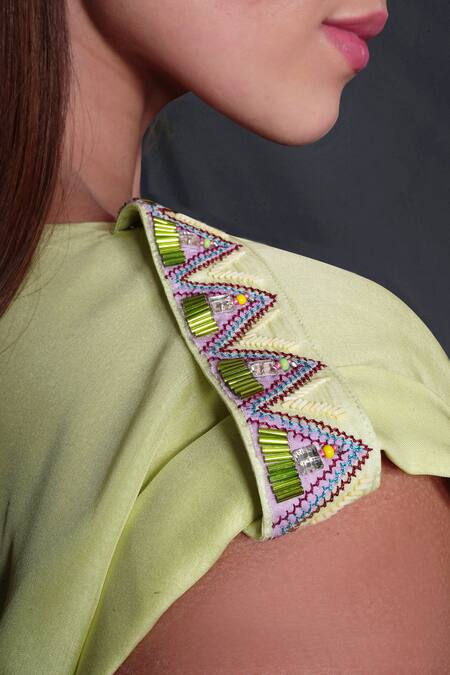 Buy Seesa Green Silk, Chiffon Embroidery V-neck Asymmetric Dress Online at Aza Fashions Buy_Seesa_Green Silk, Chiffon Embroidery V-neck Asymmetric Dress_Online_at_Aza_Fashions