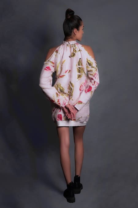 Shop_Seesa_Purple Linen Embroidery Bandeau Neck Cold Shoulder Dress _at_Aza_Fashions