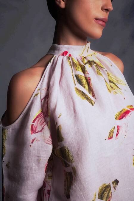 Buy_Seesa_Purple Linen Embroidery Bandeau Neck Cold Shoulder Dress _Online_at_Aza_Fashions