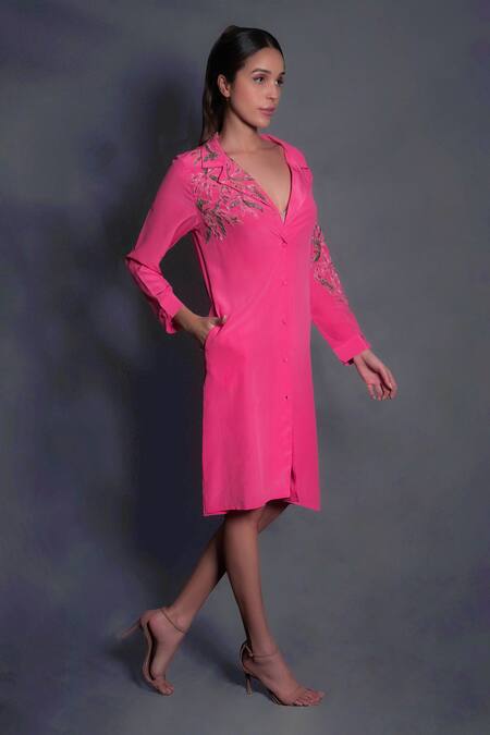 Seesa_Pink Crepe Embroidery Collared Applique Dress_Online_at_Aza_Fashions