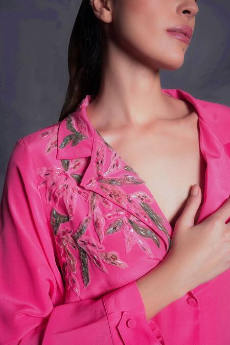 Buy_Seesa_Pink Crepe Embroidery Collared Applique Dress_Online_at_Aza_Fashions