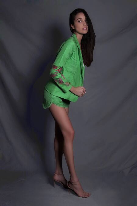 Seesa_Green Silk Organza Shorts _Online_at_Aza_Fashions