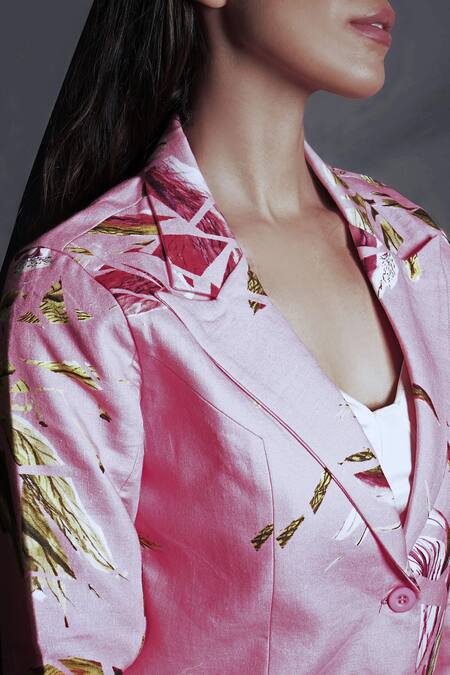 Buy_Seesa_Pink Linen Collared Broken Flower Print Blazer_Online_at_Aza_Fashions