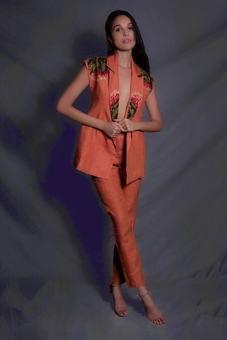 Seesa_Orange Linen Embroidery Blazer_Online_at_Aza_Fashions