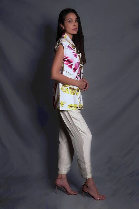 Shop_Seesa_Off White Silk, Chiffon Marzipan Trouser _Online_at_Aza_Fashions