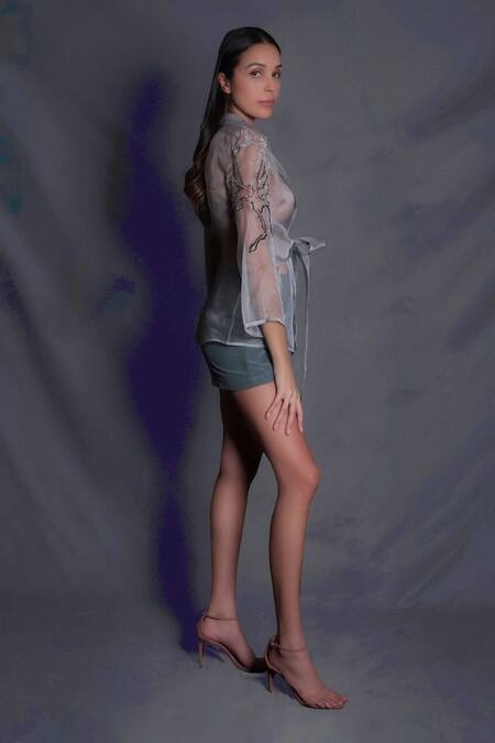 Buy_Seesa_Grey Silk Organza Embroidery Collared Tie-up Jacket_Online_at_Aza_Fashions