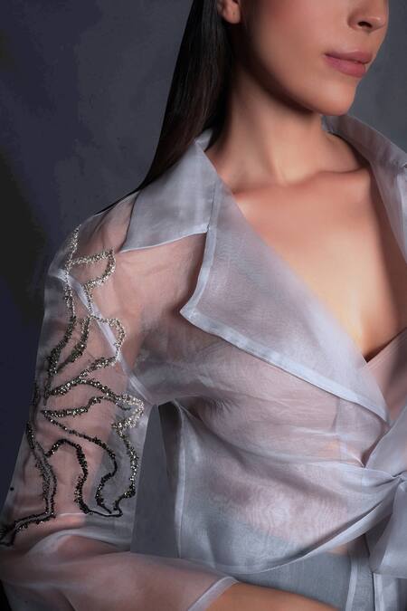 Shop_Seesa_Grey Silk Organza Embroidery Collared Tie-up Jacket_Online_at_Aza_Fashions