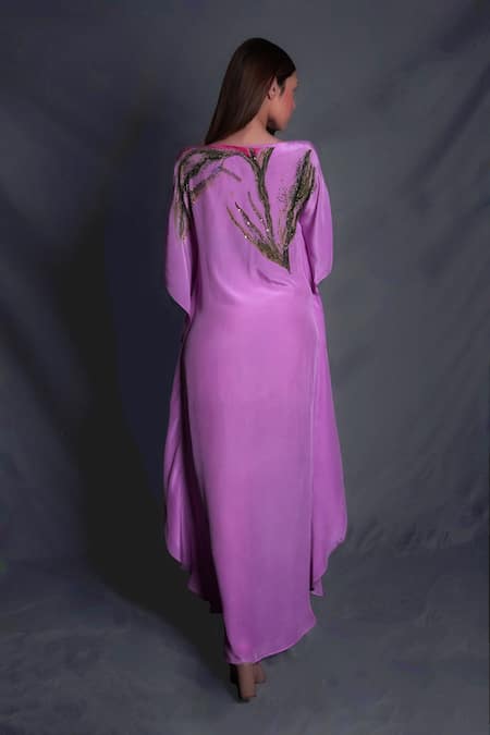 Shop_Seesa_Purple Viscose Beads, Sequins, Zari Boat Neck Leaf Applique Work Kaftan _at_Aza_Fashions
