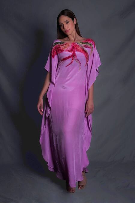 Seesa_Purple Viscose Beads, Sequins, Zari Boat Neck Leaf Applique Work Kaftan _Online_at_Aza_Fashions