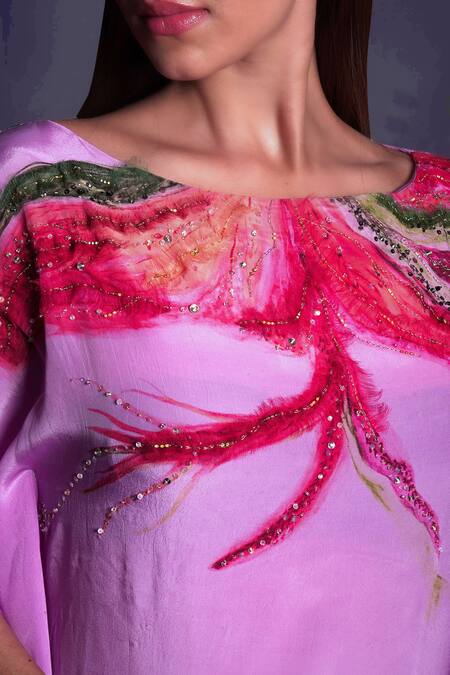 Shop_Seesa_Purple Viscose Beads, Sequins, Zari Boat Neck Leaf Applique Work Kaftan _Online_at_Aza_Fashions