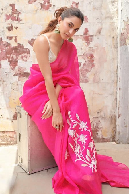 Shop_Devnaagri_Fuchsia Cotton, Organza, Satin Embroidery Sheer Saree With Blouse _Online_at_Aza_Fashions